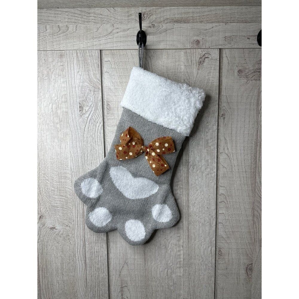 Gray White Paw Shaped Christmas Pet Stocking w/ Bow & Sherpa Cuff 18" Long
